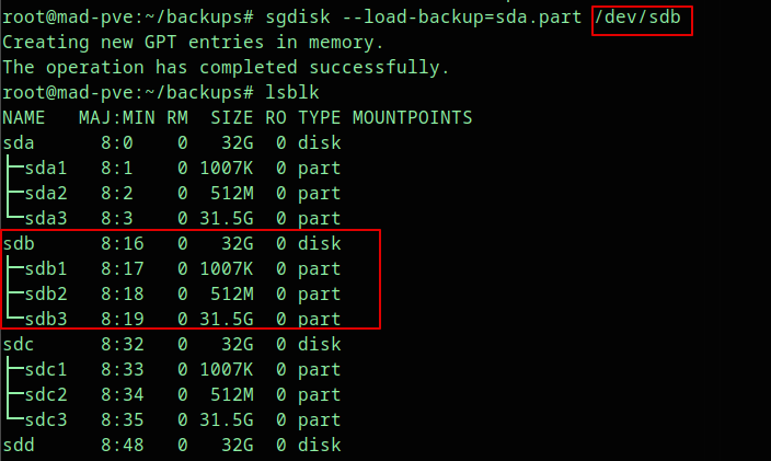 Partition layout restored to sdb