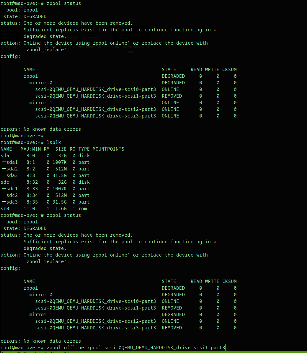ZFS degraded after disk detachment