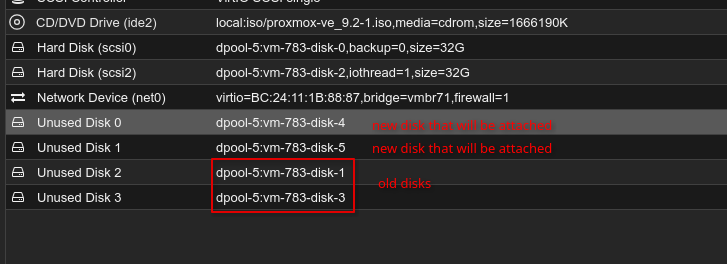 New and old disks in Proxmox hardware view